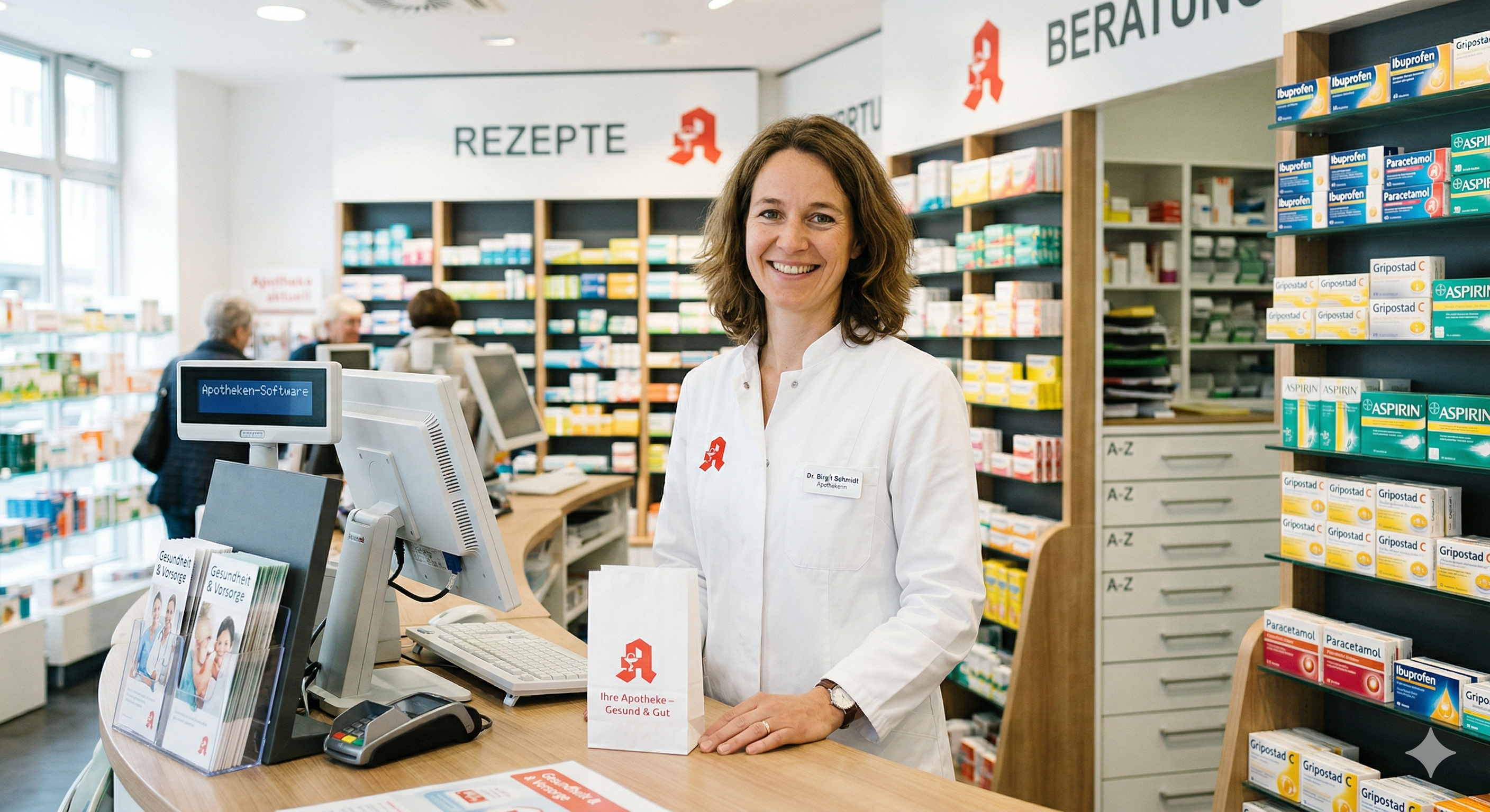 Apothekerin der Muster-Apotheke an der Beratungstheke